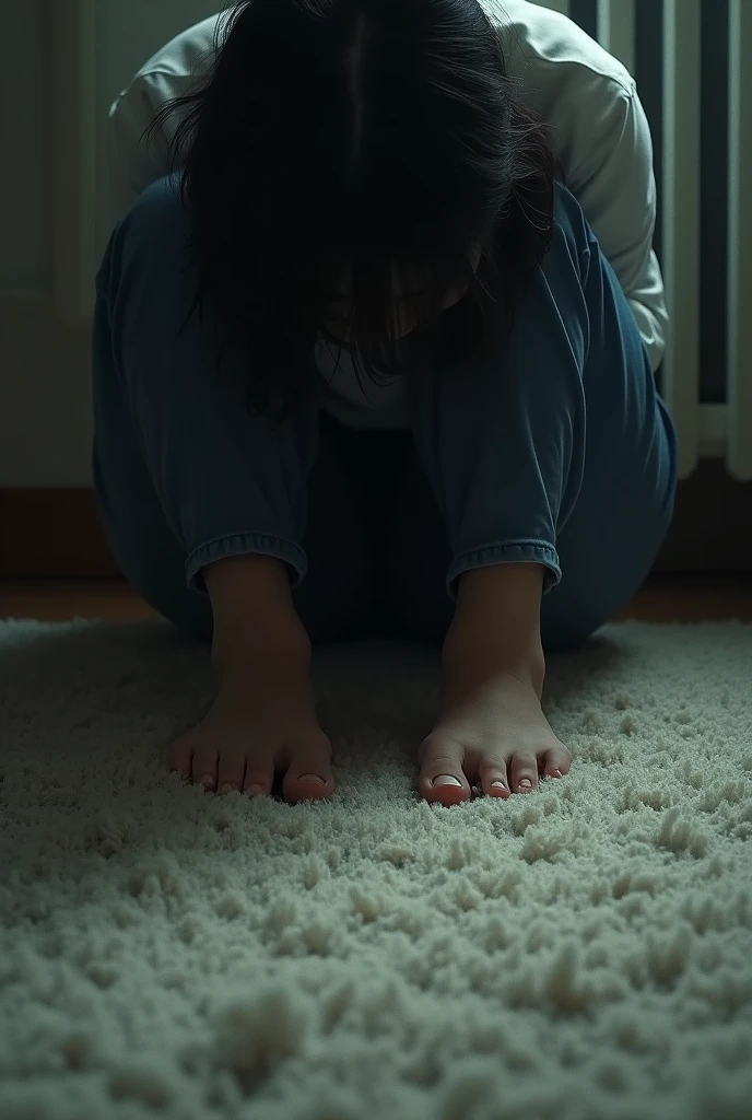 A person looking at his feet on a carpet