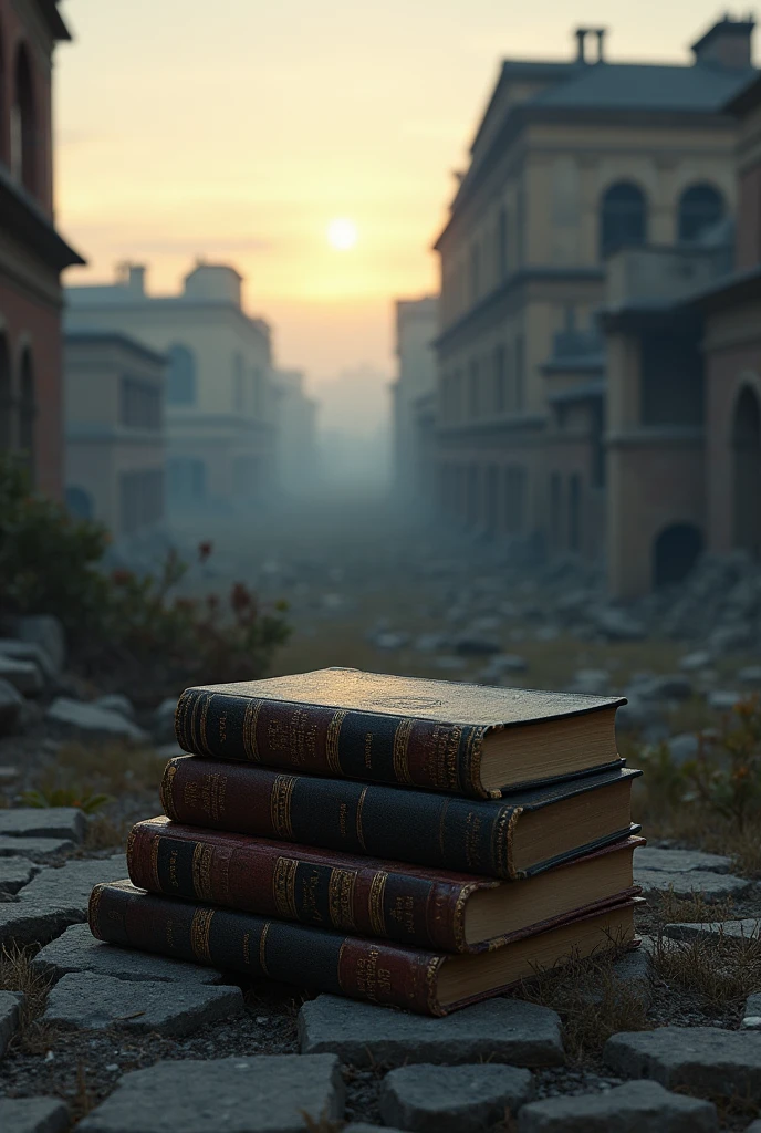 Philosophy books in a dark setting with ruined buildings. In a twilight evening