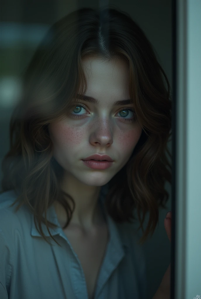 a woman with wavy brown hair and blue eyes peering out of a glass door with a sad look