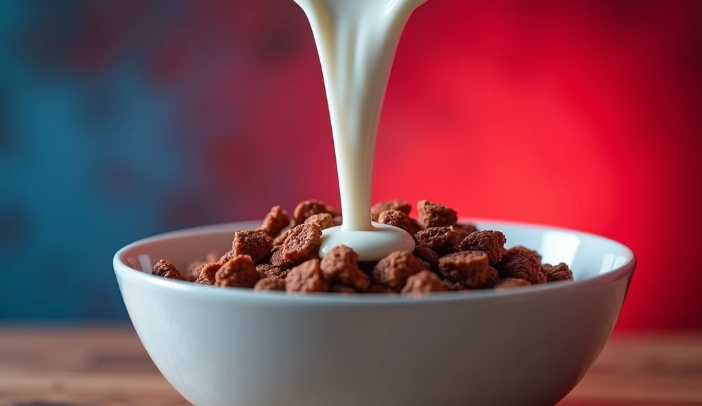 It shows a crunchy cereal with only chocolate flakes and milk falling into a bowl on a blurred red and blue background:0.8