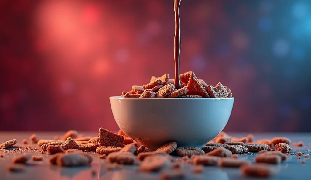 It shows a crunchy cereal with only chocolate flakes and milk falling into a bowl on a blurred red and blue background:0.8