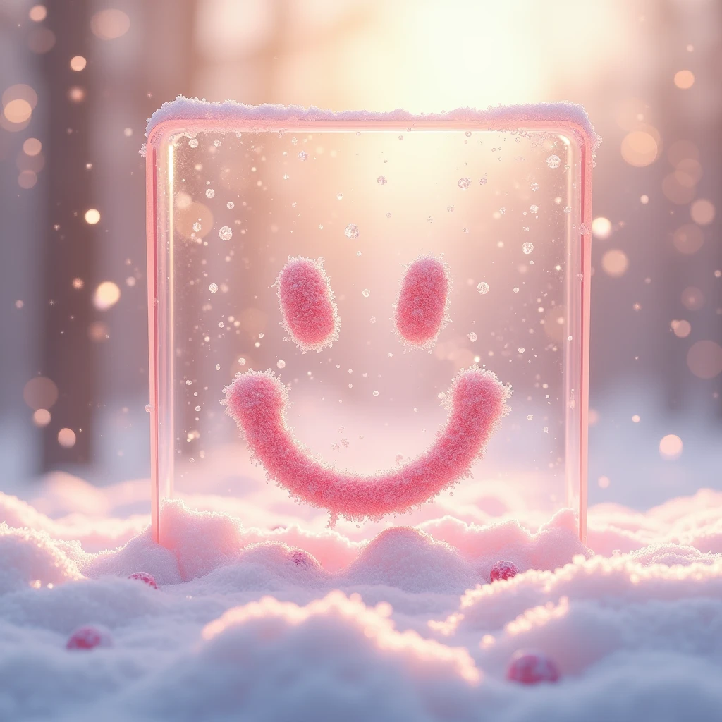 From above、Light pink snow on glass、Pushing the snow aside to make a smiley face😊、Pale yellow backlight