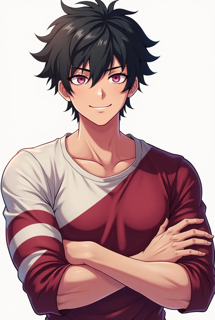 Create a Young Male, dark haired and pink eyed, with a smile on his face of confidence and handsome. He possesses an athletic body. Make it in 2D anime style drawing