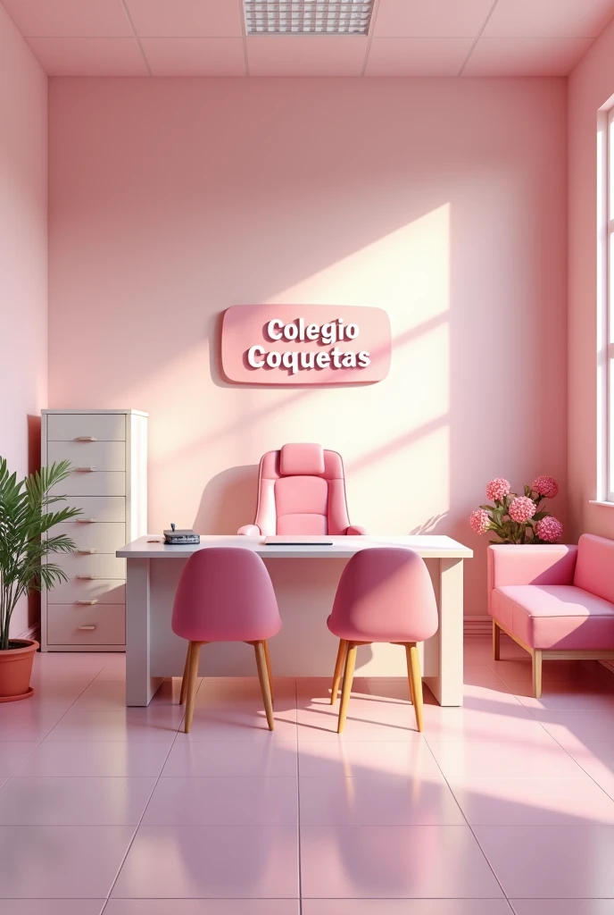 (photorealism:1.2) Empty pink school principal office. The main desk has a desktop computer on the left side and it has a big pink chair behind it and two smaller pink leather chairs in front of it facing the main desk. There's a files furniture on the right side of the deck, right by the right wall there is a pink couch, There's a big sign that reads "Colegio Coquetas" on the wall behind the school principal's main desk.