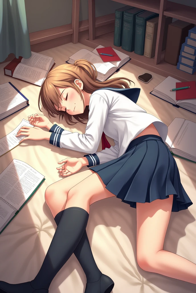 schoolgirl face down sleeping on the floor with a book
