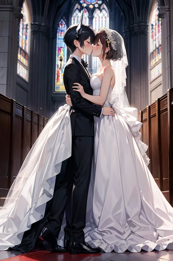 (masterpiece), 4K,{{{2 women}}}, Wedding dress,tuxedo,Lesbian,shoes,semi-long,headgear, wedding,church,牧師の前で誓いのkiss,kiss,Angle from a distance
