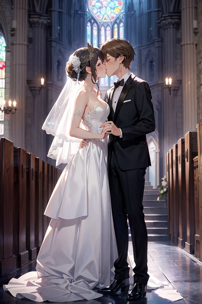 (masterpiece), 4K,{{{2 women}}}, Wedding dress,tuxedo,Lesbian，shoes，semi-long,headgear, wedding,church,牧師の前で誓いのkiss,kiss,Angle from a distance