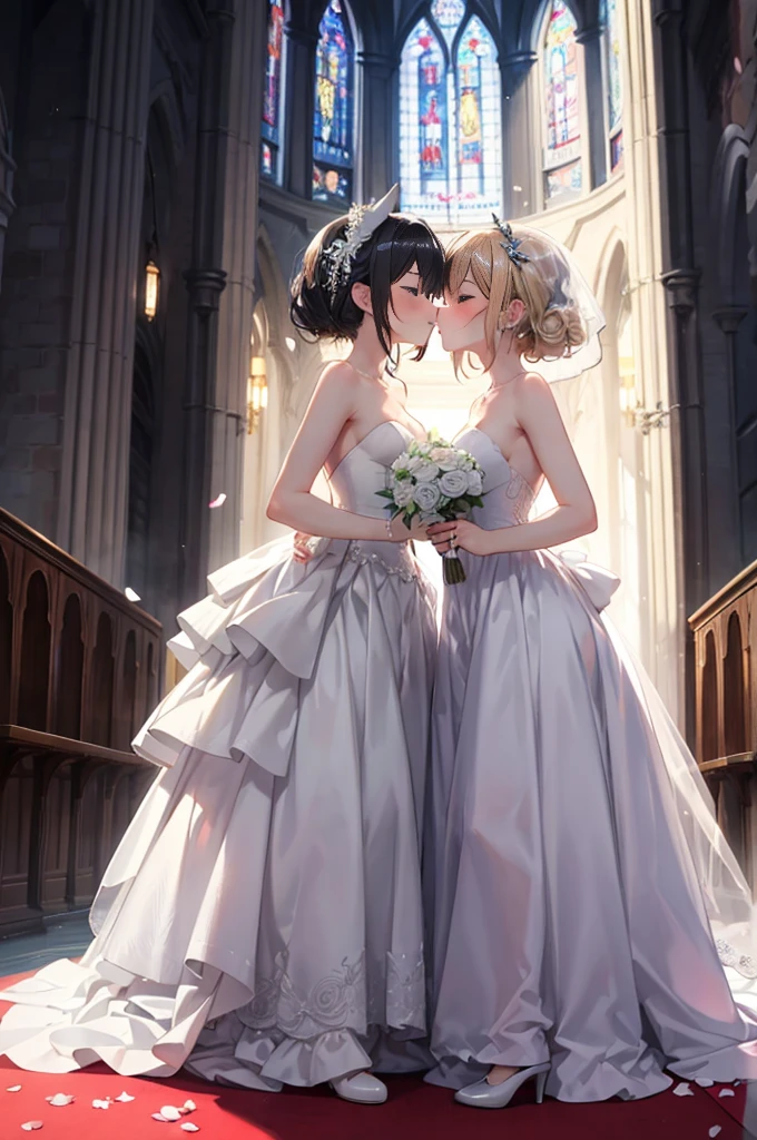 (masterpiece), 4K,{{{2 women}}}, Wedding dress,tuxedo,Lesbian，shoes，semi-long,headgear, wedding,church,牧師の前で誓いのkiss,kiss,Angle from a distance