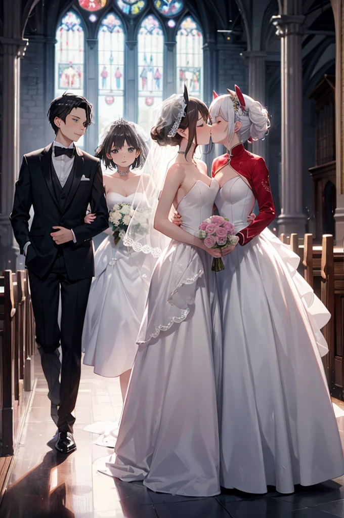 (masterpiece), 4K,{{{2 women}}}, Wedding dress,tuxedo,Lesbian，shoes，semi-long,headgear, wedding,church,牧師の前で誓いのkiss,kiss,Angle from a distance