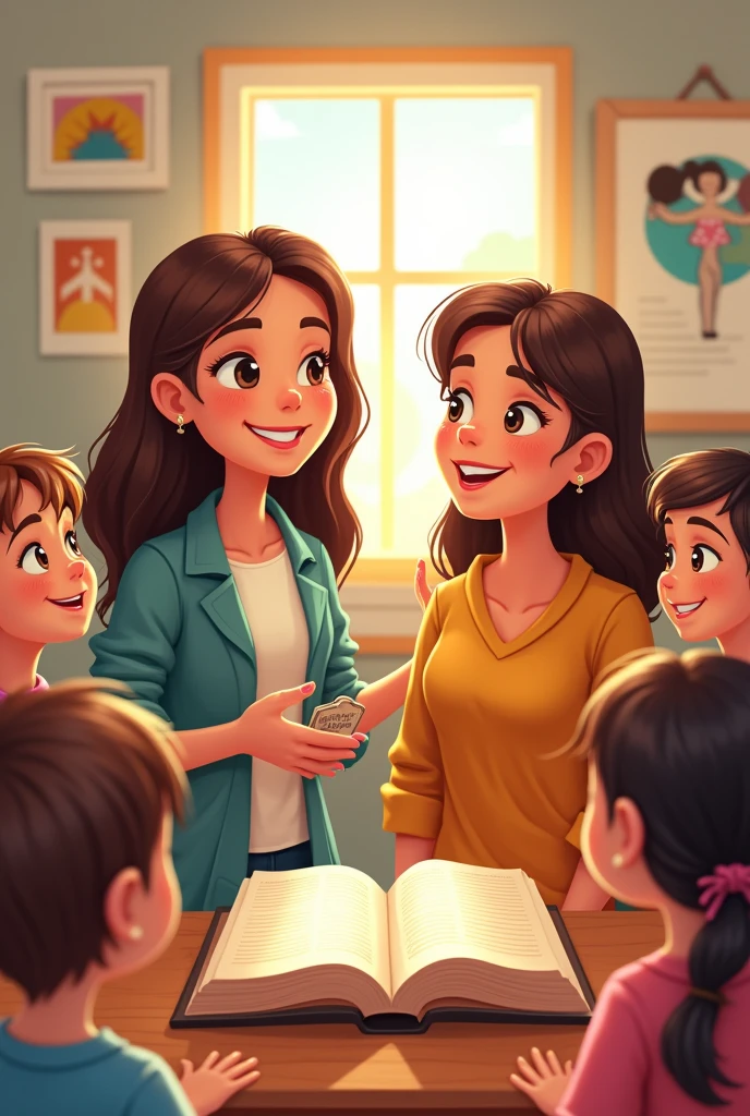 Two women holding a bible with 6 children on either side in Sunday school in cartoons