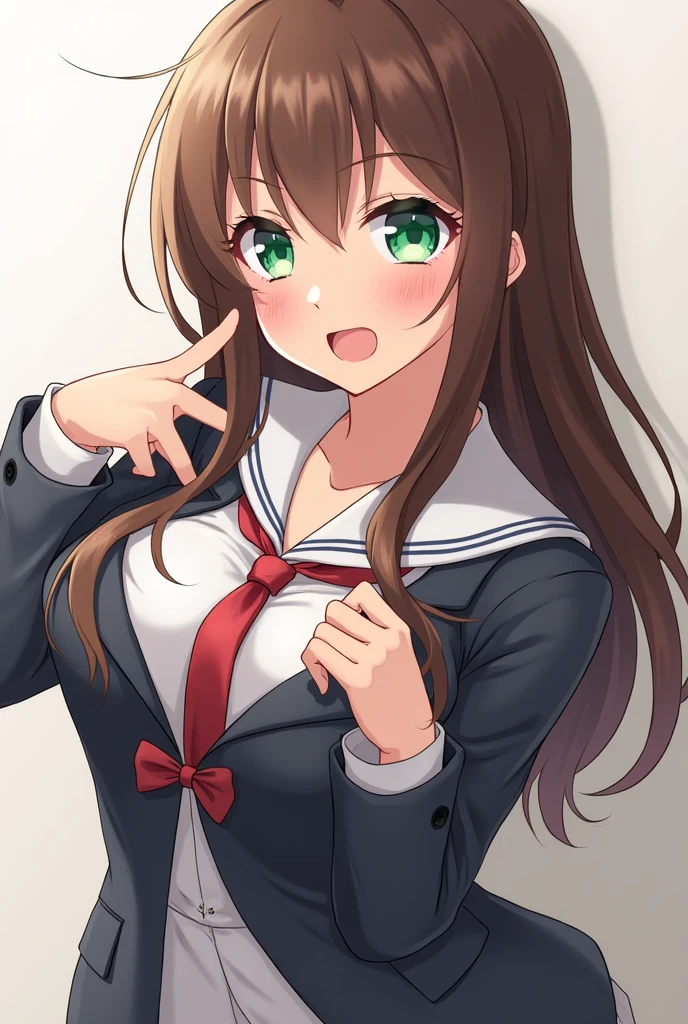 Anime girl in a school uniform, she has green eyes, brown hair, her breasts expansion, her ass expansion, her clothes tear, the girl has a strong orgasm, the girl blushes a lot