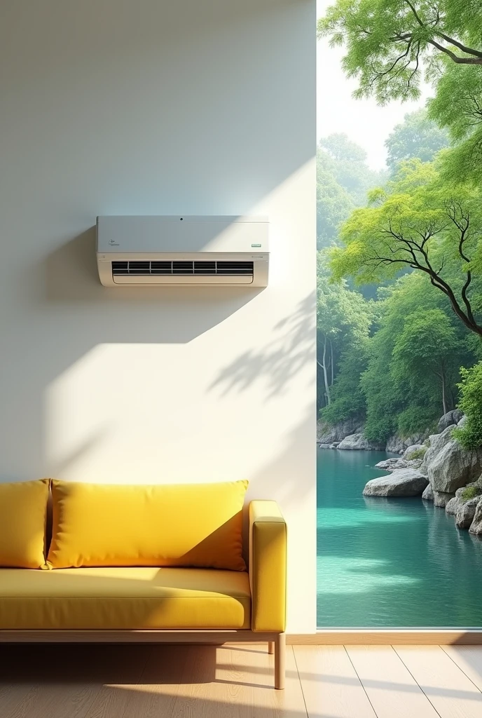 need a 9 by 9 photo with a plain white wall with a wall mount air conditioning with a yellow sofa and from right side of the photo which shows imaginary greenary, river and cool effect. picture should be half living room other half river and greenary