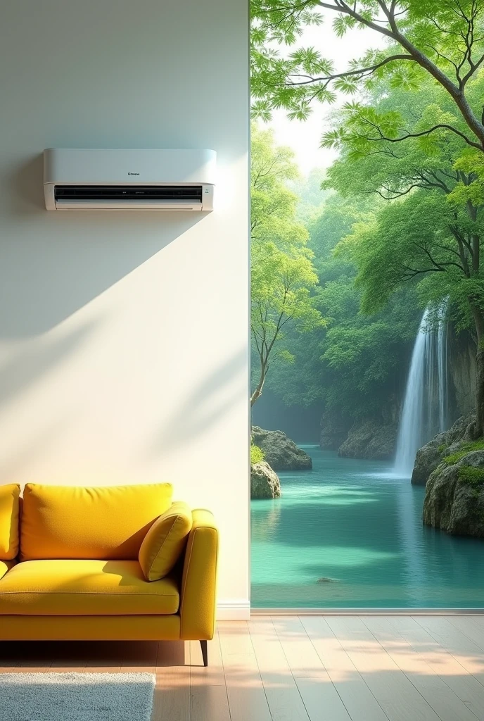 need a 9 by 9 photo with a plain white wall with a wall mount air conditioning with a yellow sofa and from right side of the photo which shows imaginary greenary, river and cool effect. picture should be half living room other half river and greenary