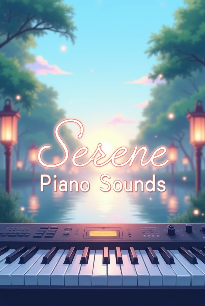 "A serene and calming anime-style YouTube channel banner for 'Serene Piano Sounds'. The image should be designed for a wide and narrow banner format. The background should feature a tranquil anime scene, such as a soft sunset over a gentle sea or a serene forest with glowing lanterns. Include a beautifully illustrated anime-style piano or keyboard in the foreground. Use pastel colors like light blue, mint green, and soft lavender to create a soothing atmosphere. The text 'Serene Piano Sounds' should be prominently displayed in an elegant, anime-style font, centered or slightly off-center, with a subtle glow or decorative accents to ensure it stands out against the calm background."