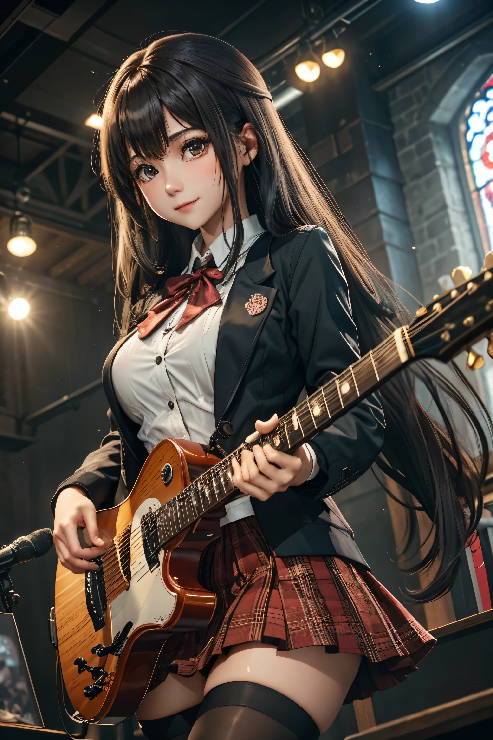 High school girl blazer、uniform、Red checked knee-length skirt、Long skirt、JK Style、Jacket、smile、Knee-high socks、Thigh-high socks、pantyhose、Extremely beautiful、Super cute、ennui、Rare Beauty、Dark black eyeshadow、sad、Skin radiance、Long Hair Straight Hair、Dark Gothic Makeup、Dark Smile、Fragrant beauty、Stained glass background、masterpiece、Highest quality、See 5 books、Sweat glistening on my chest、Sweat glistening on the face、Small breasts、2、Slightly slim、Mysterious look、Sad look、Mysterious Gothic Church、enchanting castle、Excessive sweating all over the body、Sweat dripping down thighs, shining in the light、Shiny thighs、Thighs、Sweat on thighs, shining brightly、sweat profusely、gal、Small breasts、Japanese face、Captivating look、Thin Thighs、play the guitar、I have a guitar、Enthusiastic singing、play the guitar in a band、Playing guitar chords、Background of the live music venue、Sing a song、Open your mouth、Scenery of a live music venue、Mike stand、Glamorous live stage、Dynamic Angles、Vivid straight long hair、delicate straight hair、
