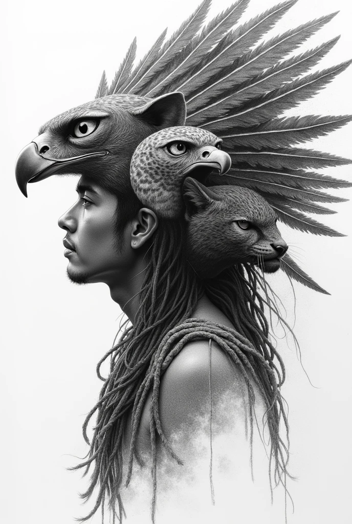 Create a beginner sketch style drawing in black pencil with a man in profile with a pre-Hispanic headdress . The head of an owl , pantera, Jaguar and an eagle surrounding it