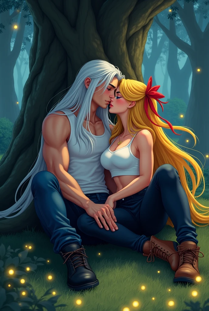 Long white haired man,Red eyes,white sleeveless t-shirt,dark blue jeans by Jin,black boots Woman with a good body,long yellow hair with a red ribbon tied in it,blue eyes,white cropped sleeveless t-shirt,black pants stuck to his legs,Brown boots Both giving each other a kiss while sitting under a tree in a forest at night lit by fireflies 