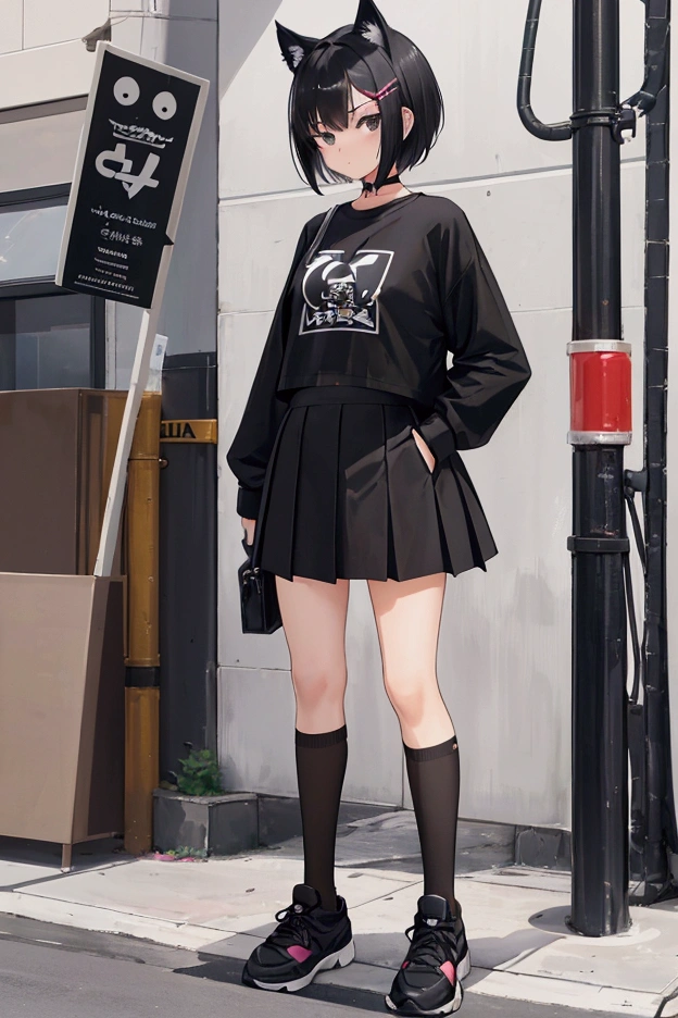 15 year old woman, short hair, black hair, black eyes, 1 meter 56 centimeters tall, sines cup E, medium small ass, black miniskirt, small black t-shirt, see the belly, black sneakers, black stockings, standing, on the street, black cat ears 