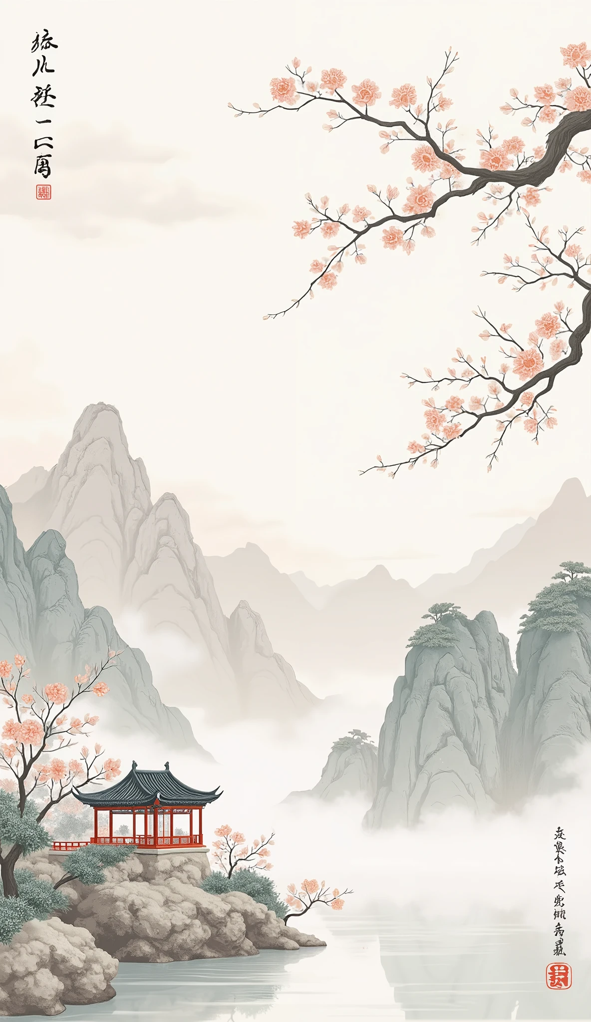 Chinese style,Mountain,cloud,pavilion,Ink Painting,Elegant,flower,Leave white space in the middle of the screen,poster design