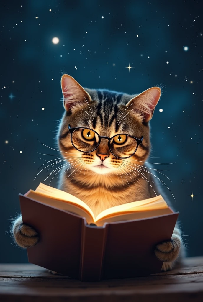A brown cat is reading a book seriously,Wear glasses,宝箱にはHealingの公式が現れる,background,Night Sky、star々,backgroundに宝箱があります,((Astronomical formulas emerge from the book:2))、Healing、healing