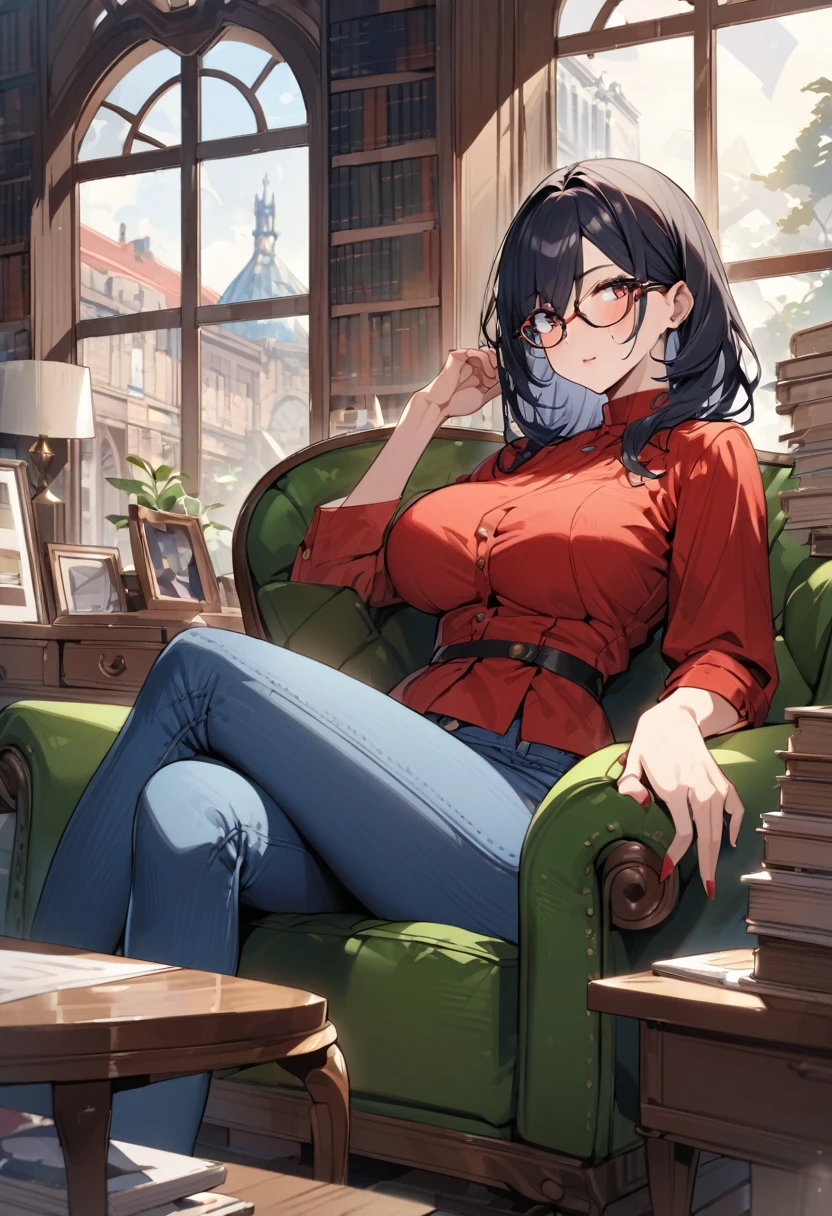 shorth hair,red outfit, blue jeans, wear glasses, sitting in a green armchair,cross legs, big breasts library in the background,a window on the left side, work of art, high qualiy, well detailed background, face perfect