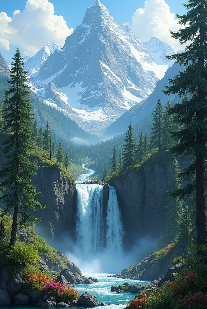 Mountains and forests, waterfall