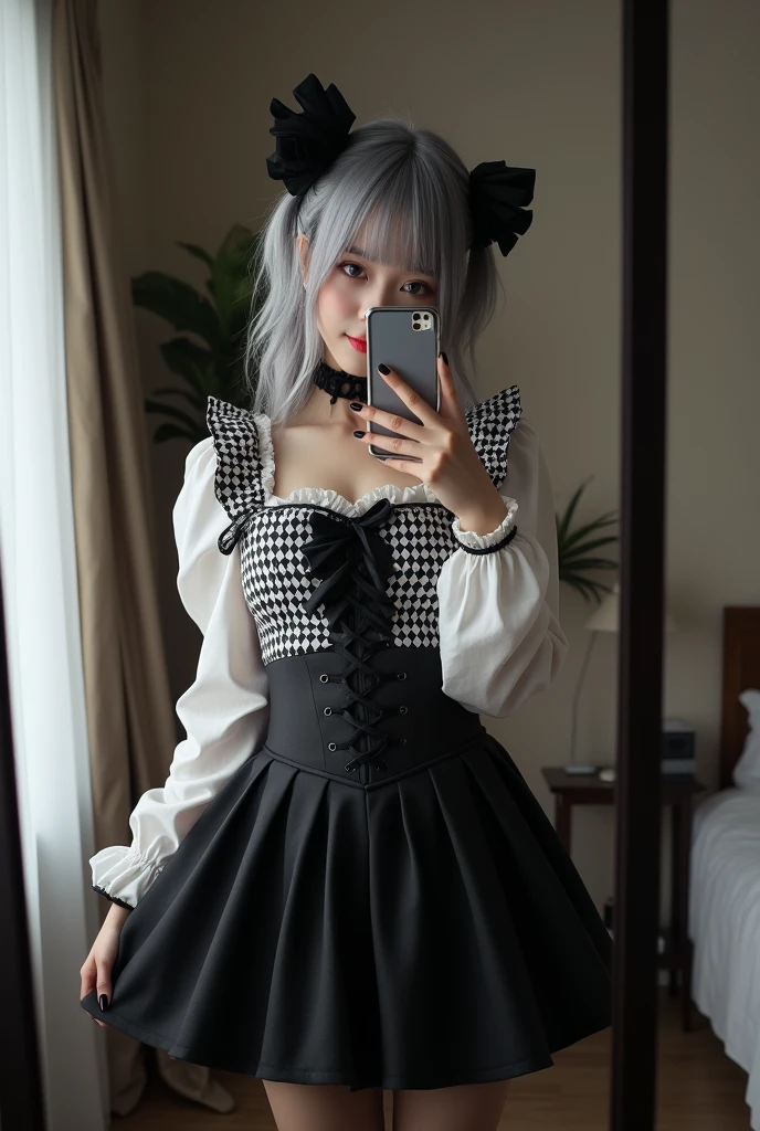 cute face, ((masterpiece)), (Highest quality))), (Character design sheet, National costume, same characters, front, ~ side, return), figure, 1 girl, whole body, Silver Hair, eyes hair, Beautiful Eyes, Princess Cut, Environmental change scene, Short skirt, Shyness, woman, girl, Are standing, Gothic Lolita, VTuber, Chartern Betarola, (simple returnground, white returnground: 1.3) ( masterpiece:1.2), (Highest quality:1.3)