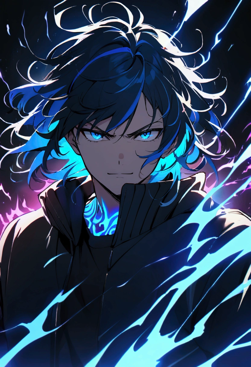 teenage boy, Messy hair, medium length hair, multicolored black and blue hair, blue colored eyes, serious face, simple smile, black jersey, school blue jacket, blue tattoos on the body, electric aura, 