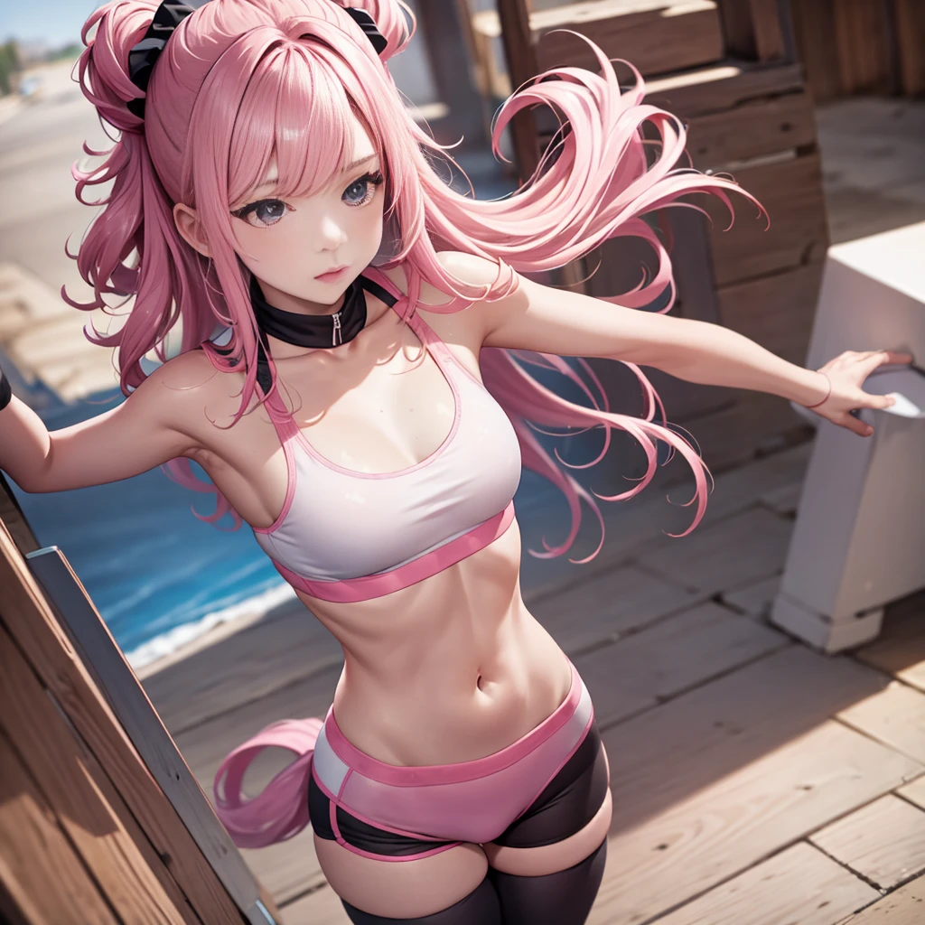 ar old，i, Chinese big breasts,A pink-haired,halfupdo,(after shower, wrapped in a towel is posing ,The woman came out of the shower wet and wet，Wearing a naked:1.1),Petite figure，realistic glittering skin，Slim waist