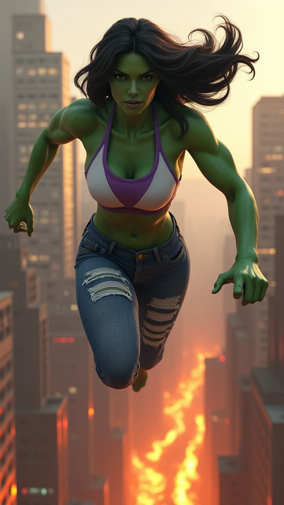 A beautiful woman with olive green skin all over her body Jeniffer Walters alias She-Hulk long black hair wearing a white and purple sports top and ripped jeans because of her muscles flying over the city skyscrapers and buildings on fire thick legs and arms with muscles