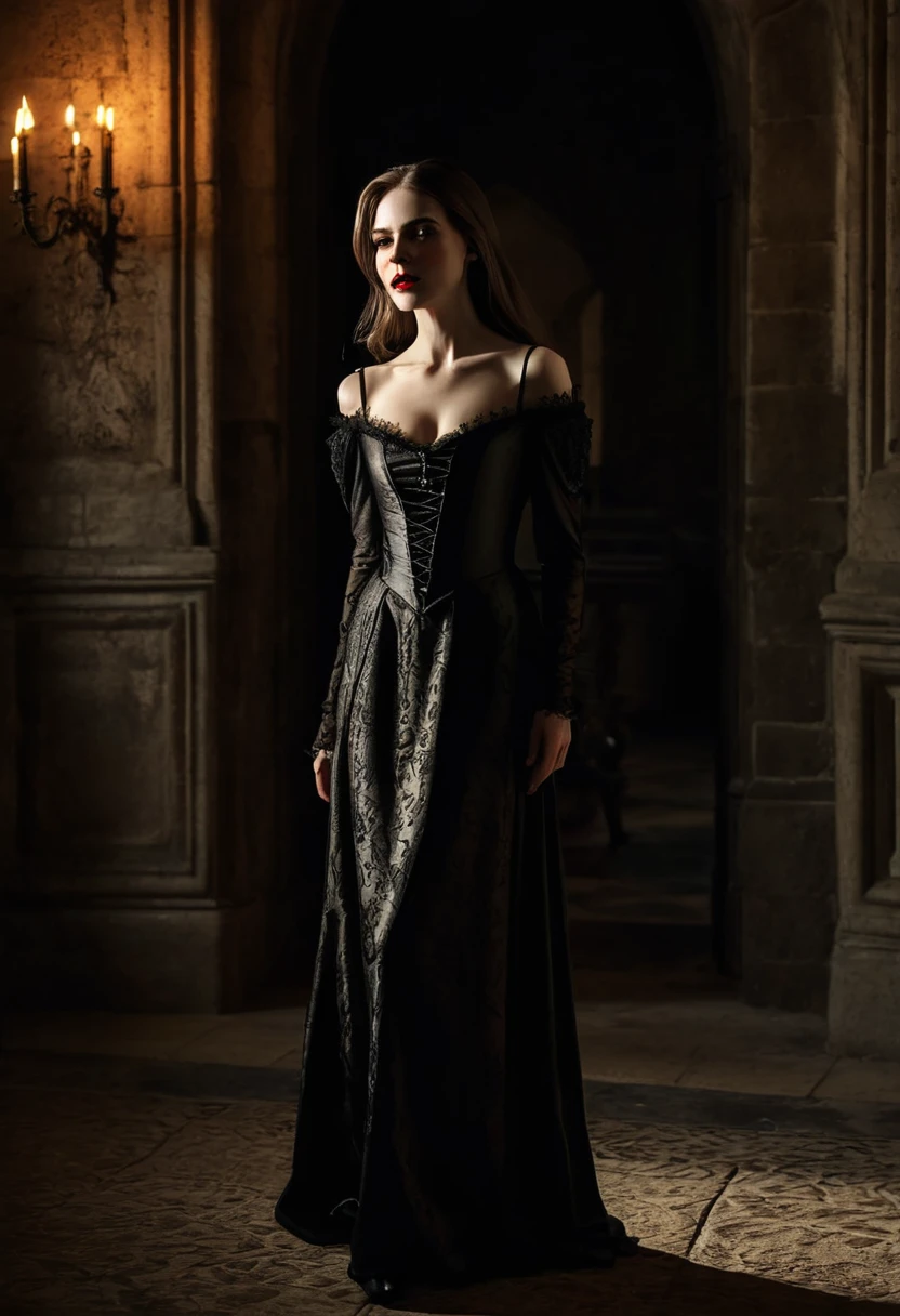A beautiful vampire woman in a dark medieval European castle, dramatic lighting, horror atmosphere, highly detailed, cinematic, realistic, photorealistic, 8k, hyper detailed, masterpiece, oil painting, chiaroscuro lighting, dramatic shadows, moody, ominous, haunting, gothic, dramatic pose, intense gaze, fangs, pale skin, elegant dress, intricate details, atmospheric, dramatic