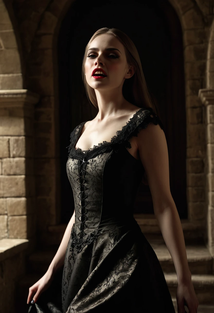 A beautiful vampire woman in a dark medieval European castle, dramatic lighting, horror atmosphere, highly detailed, cinematic, realistic, photorealistic, 8k, hyper detailed, masterpiece, oil painting, chiaroscuro lighting, dramatic shadows, moody, ominous, haunting, gothic, dramatic pose, intense gaze, fangs, pale skin, elegant dress, intricate details, atmospheric, dramatic
