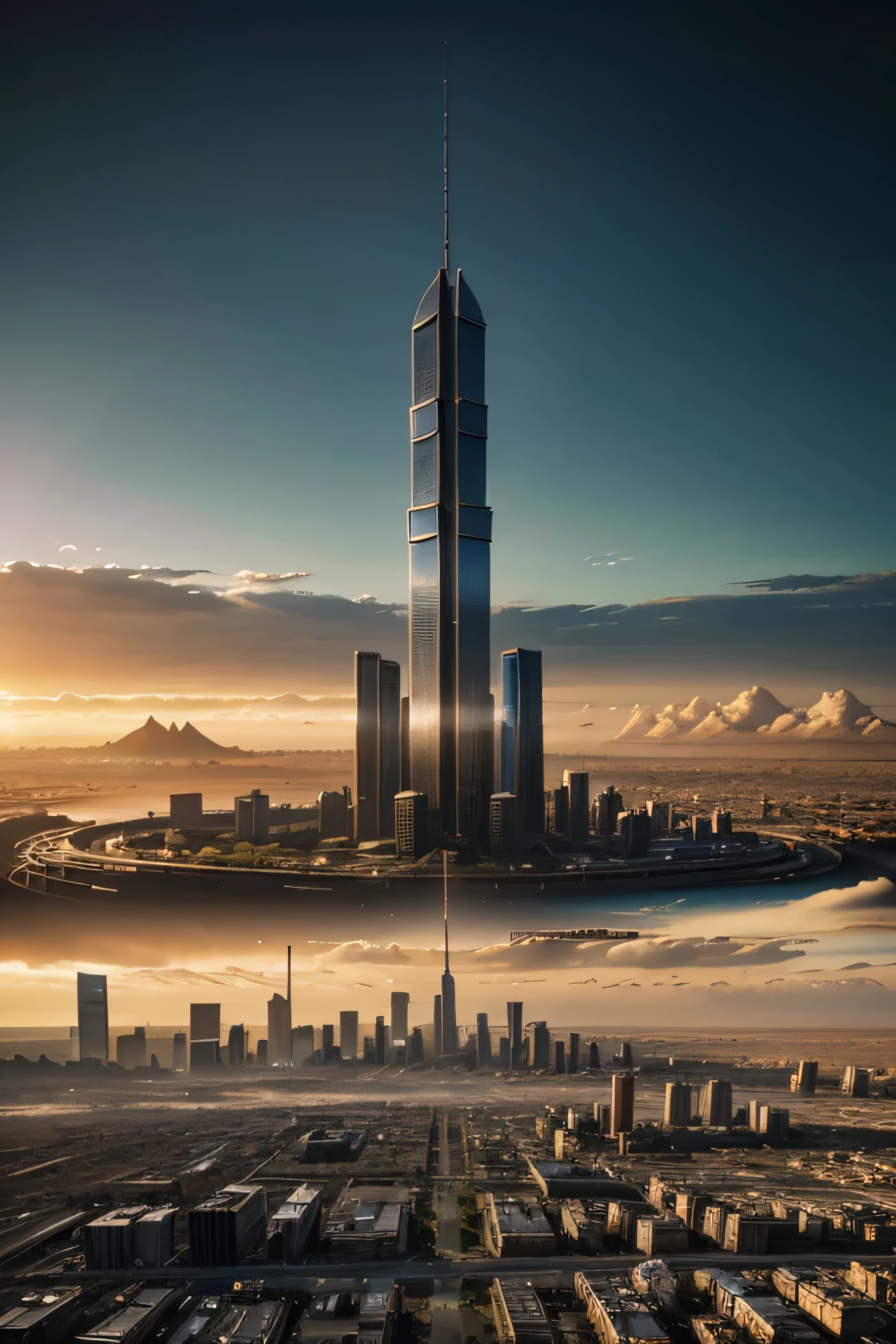A city millions of years in the future of a post-apocalyptic earth, This is big, urban and in the center there is a large tower