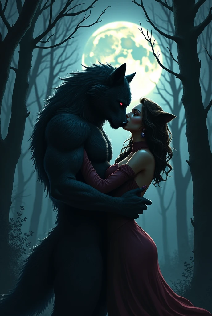 Strong werewolf with black fur and red eyes , and his dark brown-furred, green-eyed partner,  hug each other romantically in the forest at night