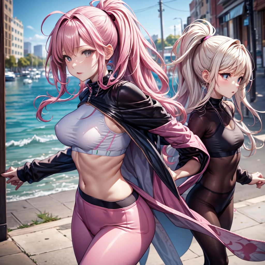 Pink Hollow Sports Bra,Small coat,Large Breasts,hot pants,Black tights,Double tail,On the Street