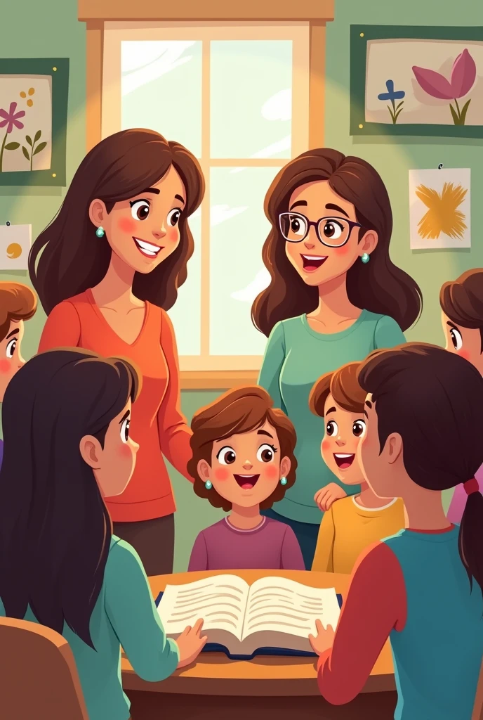 Two women holding a bible with 6 children on either side in Sunday school in cartoons