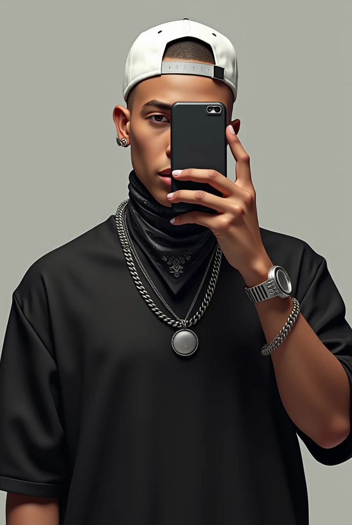 Realistic image of an 18-year-old taking a selfie with a cell phone, black shirt, silver chain necklace without pendant, all white backwards cap, black bandana around the throat. shaven hair, and the cell phone covering the face.