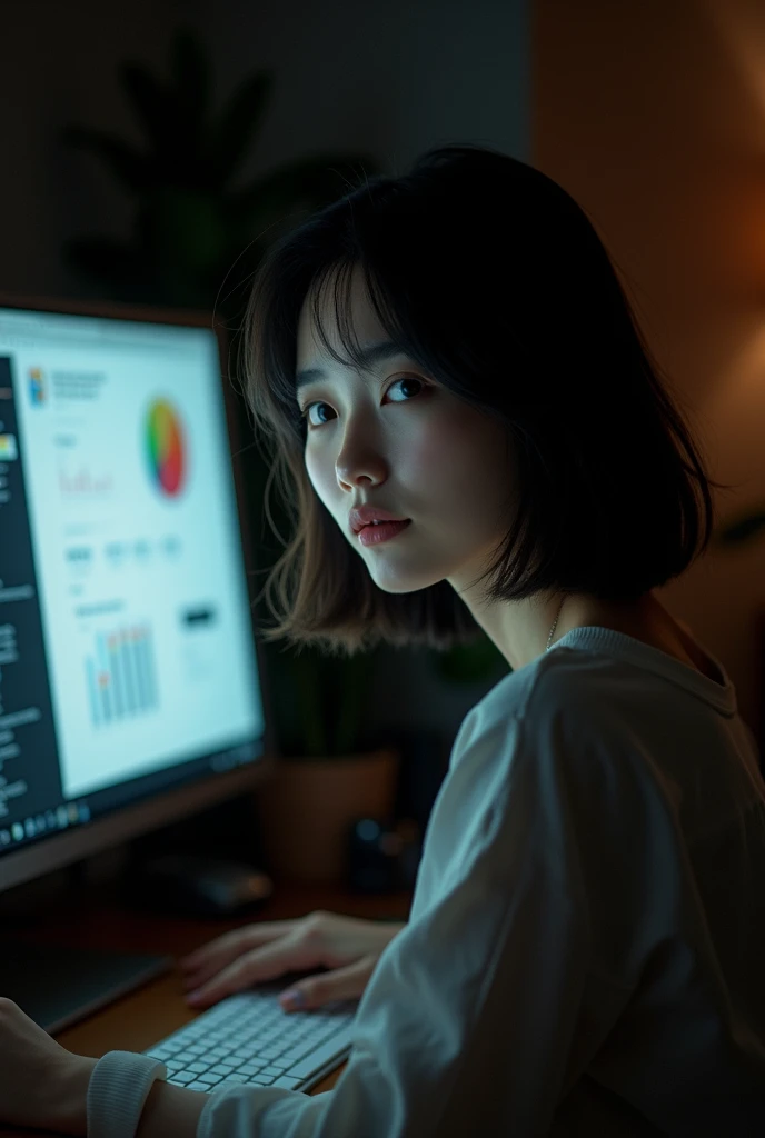 Best Quality,masutepiece,hight resolution,Beautiful eyes,Detailed background,[Backlighting],(Face lighting),[Close View:0.8],(8K、Raw photography、top-quality、​masterpiece:1.2)、(realisitic、Photorealsitic:1.37)、ultra-detailliert、profetional lighting、Sony A7R4、Zessie 50mm f1.8、Rembrandt Lighting（Rembrandt lighting）best quality, 1girl, short hair, (black hair:1.3), sitting, (computer in front:1.2), slightly smiling, from behind, dim lighting, detailed face
