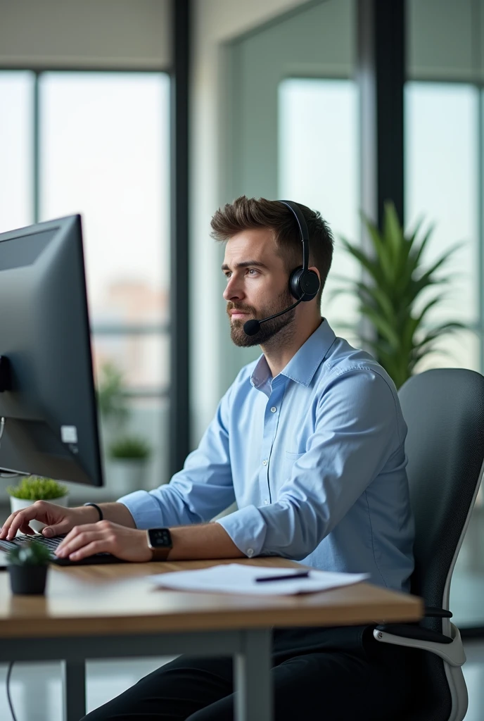 Take me a picture of a sales consultant at a desk next to his monitor with headphones and a microphone on his head.