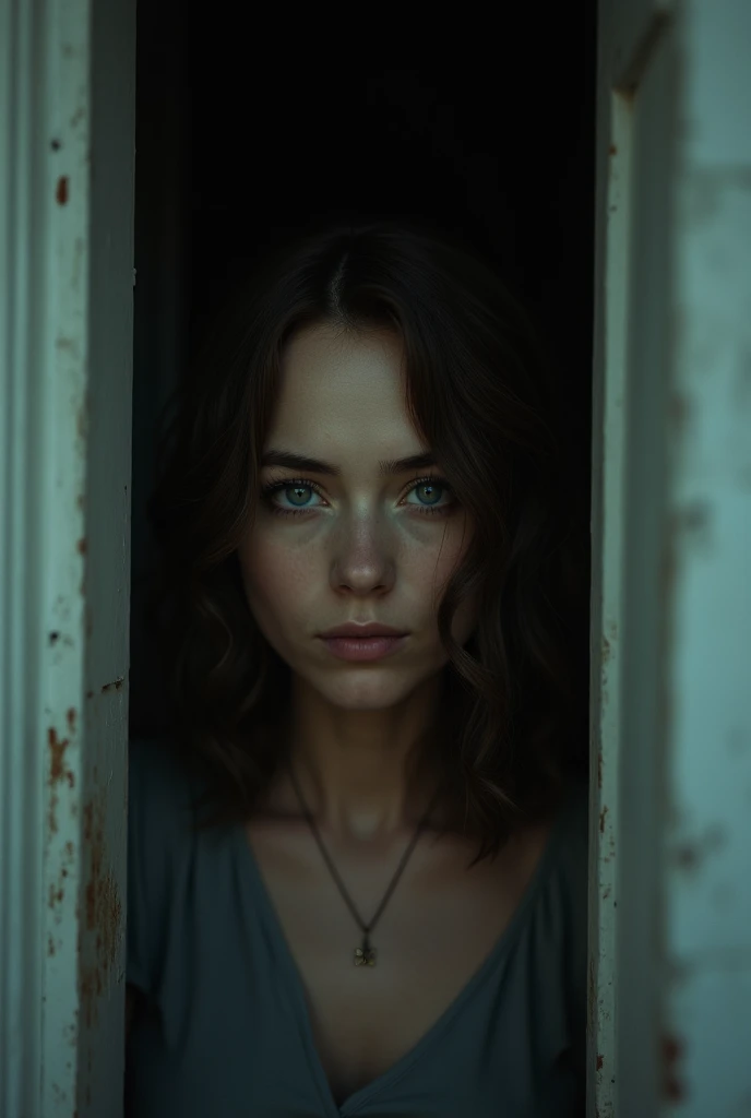 a woman with wavy brown hair and blue eyes peering out of a door with a sad look