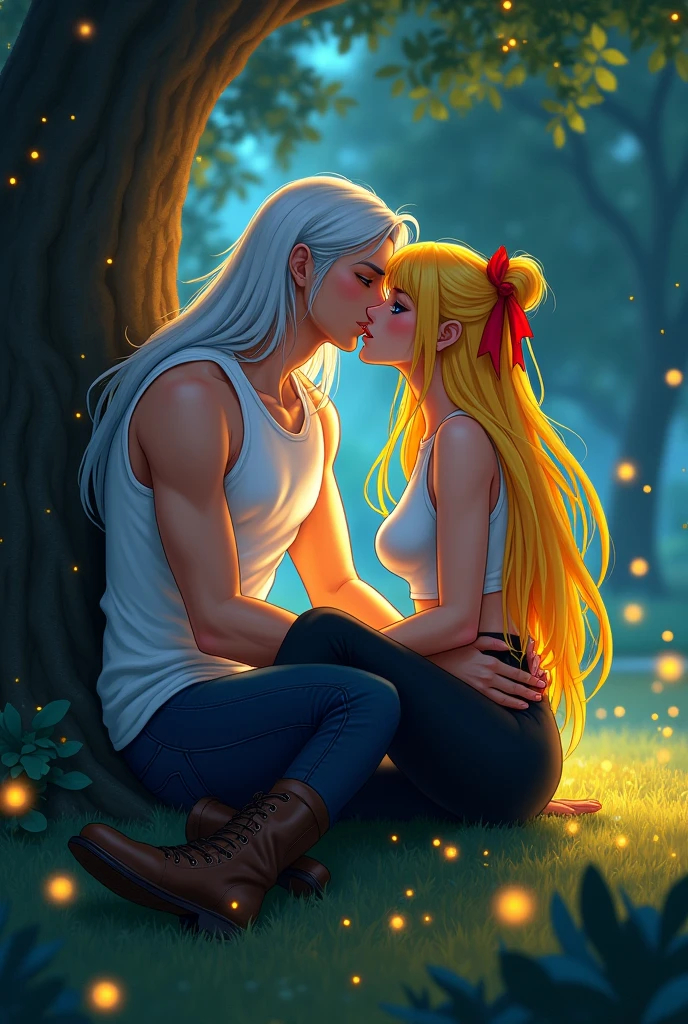 Long white haired man,Red eyes,white sleeveless t-shirt,dark blue jeans by Jin,black boots Woman with a good body,long yellow hair with a red ribbon tied in it,blue eyes,white cropped sleeveless t-shirt,black pants stuck to his legs,Brown boots Both giving each other a kiss while sitting under a tree in a forest at night lit by fireflies 