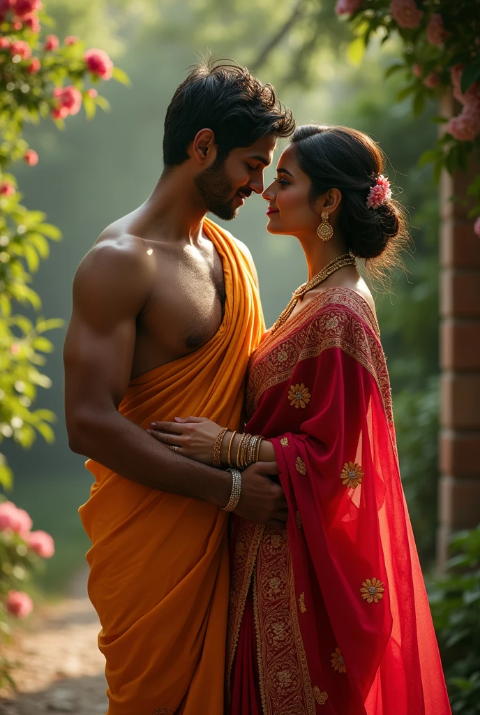 A girl wearing saree and showing her hip and her boyfriend holds her hip tightly
