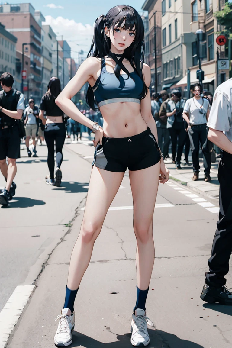 Large Breasts, Sexy 25 year old woman, Blue Long Hair, Sports bra and shorts, Small shorts, boy shorts, Spandex Shorts, Short shorts, knee high shoes下, below the knee shoes下, athletic stripes (shoes下), Snakes,shoes, sneakers, Are standing, Photo pose, Frivolous, whole body, Crowded street, Good quality, 4K, masterpiece, pin up