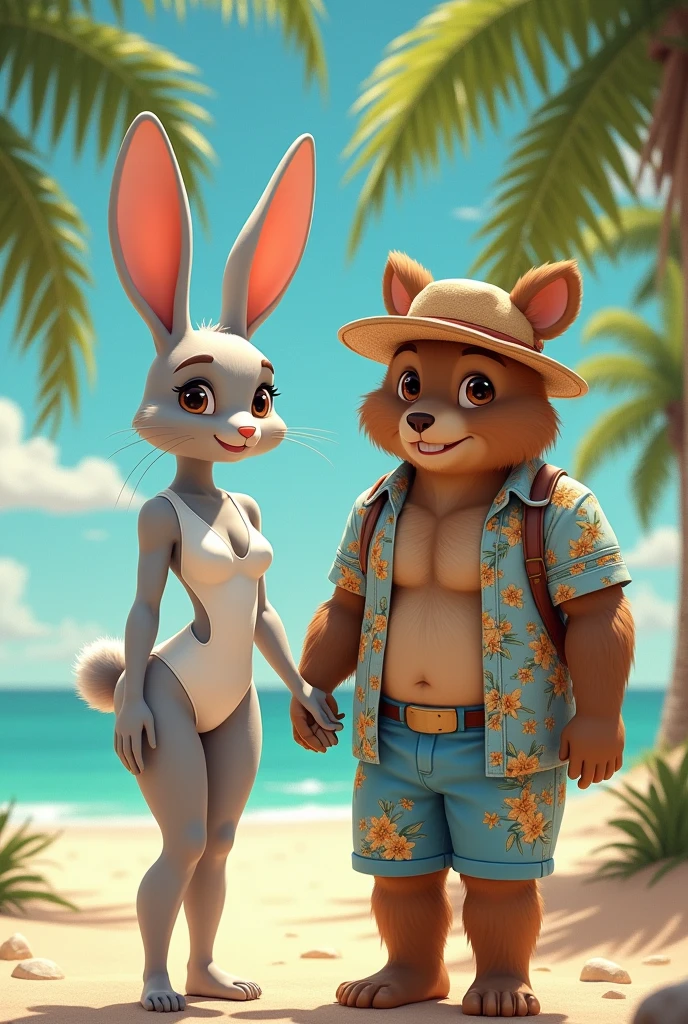 Coneja adoliscente ALTA, GREY COLOR stop WITH swimsuit with white skirt and white blouse, IN, Ojos marronis claros, EN INN PAISAJE playero, istilo Disney , palms, Coloris cálidos, is. Greg Rutkowski, by Alphonse Mucha. Next to the rabbit is a tall brown bear with light eyes., pantaloneta color azul con floris, camisa de floris con ropa de playa y sombrero playero. Con una cadena tipo isclava que diga ABBY.