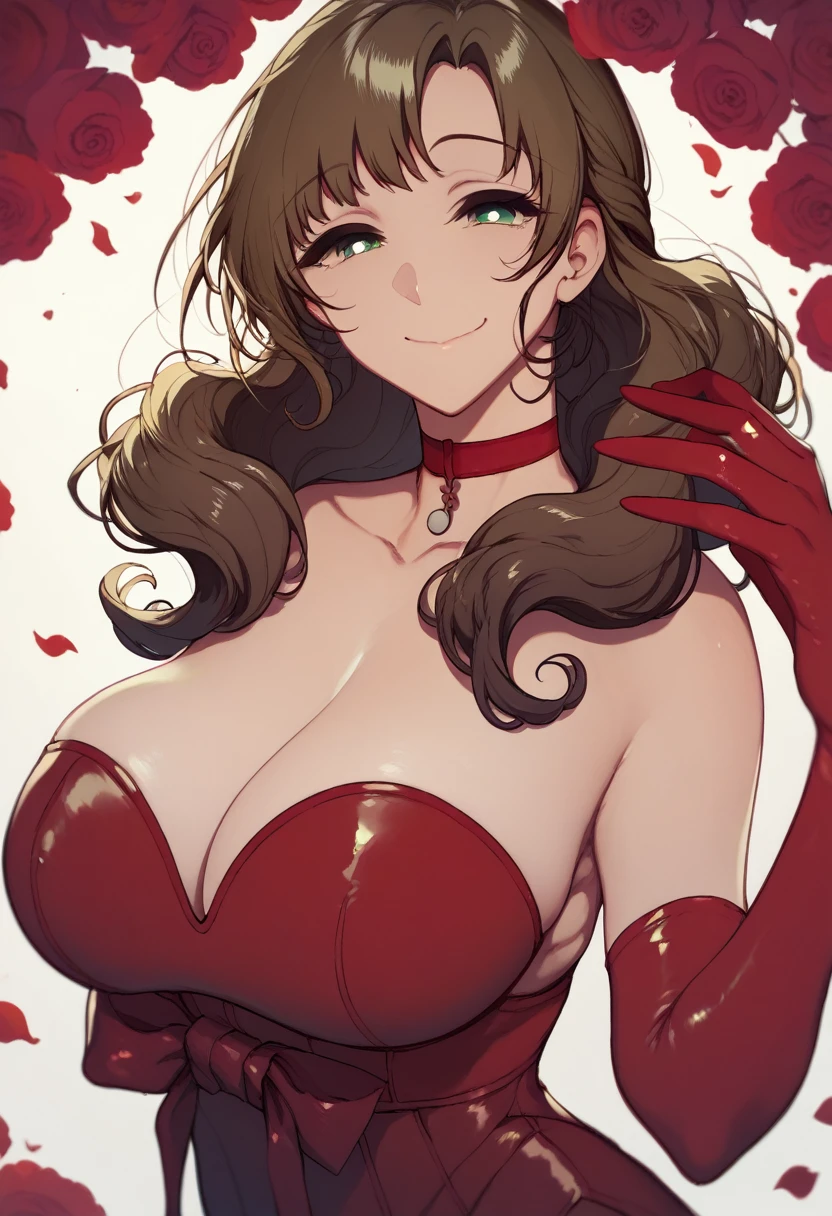 Chocolate brown hair, very slightly wavy hair, wavy bangs, yellow-green eyes, mature, smiling, closed mouth, voluptuous, red choker, red strapless dress, red elbow gloves