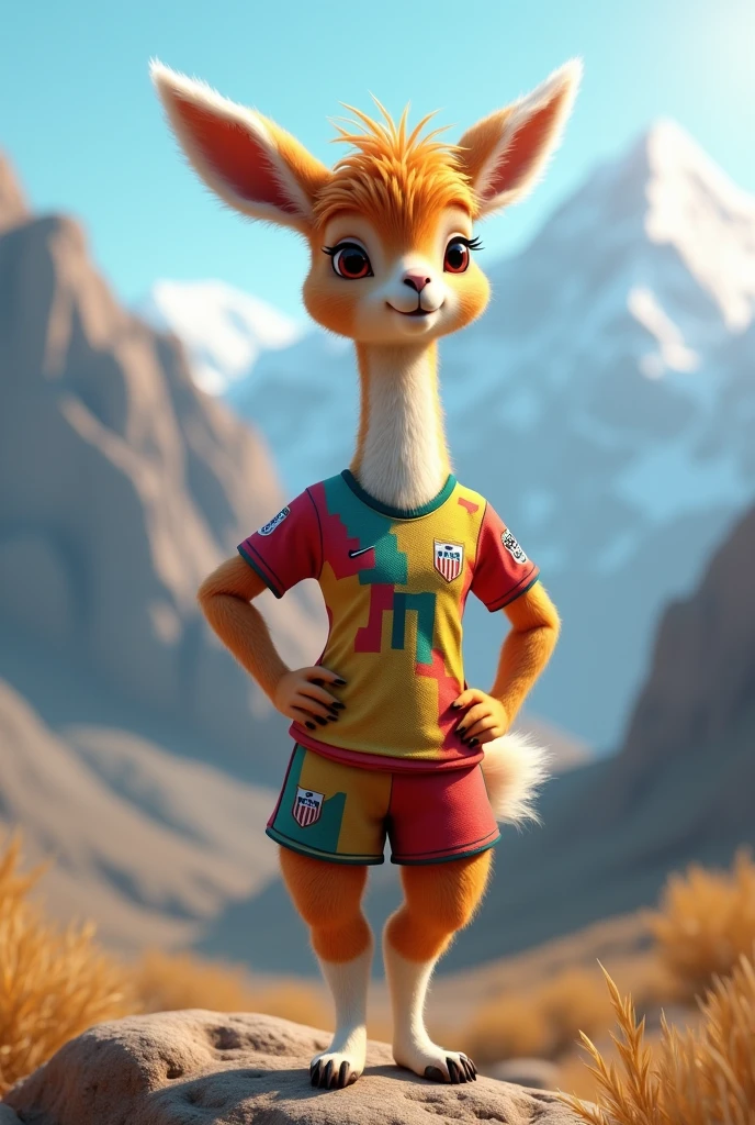 Female vicuña, Olympic mascot, wearing a soccer jersey 