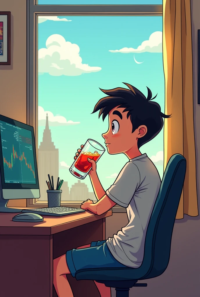 A cartoon of a teenage male trader sitting and looking at his friends out the window while drinking alcohol.