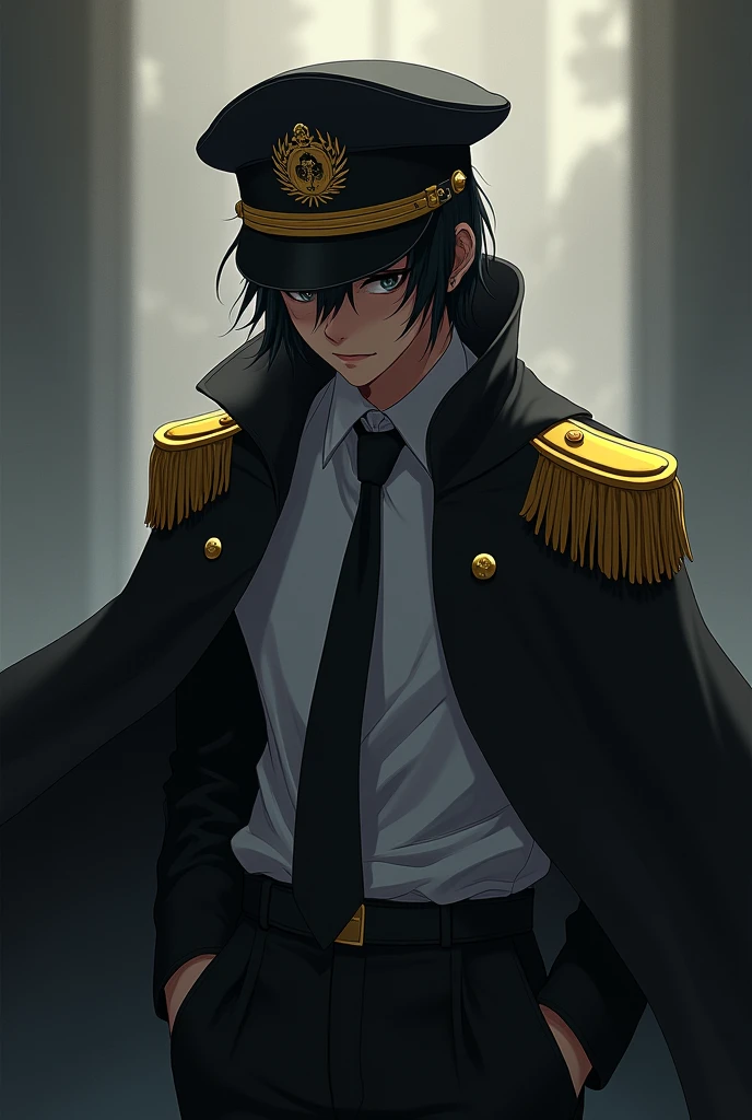 depressed teen captain anime with a black and gold Black Captain Jacket with a white t-shirt inside and a black tie and gold captain hat the face is covered with shadow and the Black gold Captain's Cloak hanging on the back


