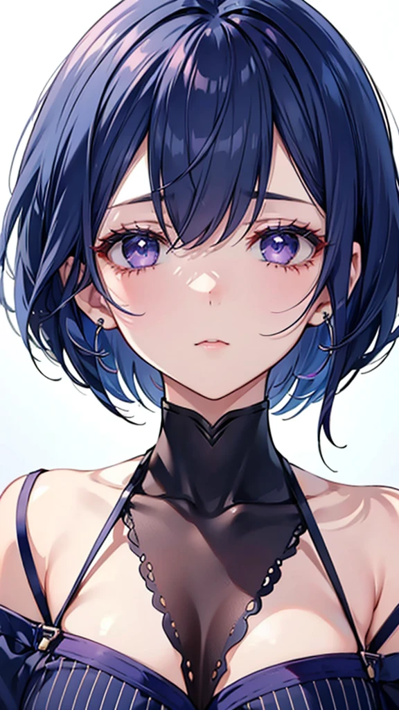 Navy Blue Hair、Purple eyes、High resolution、vision、Shortcuts、amount、Trim your bangs、Bob、Slanted Eyes、、alone、whole body、Light、Plain background
