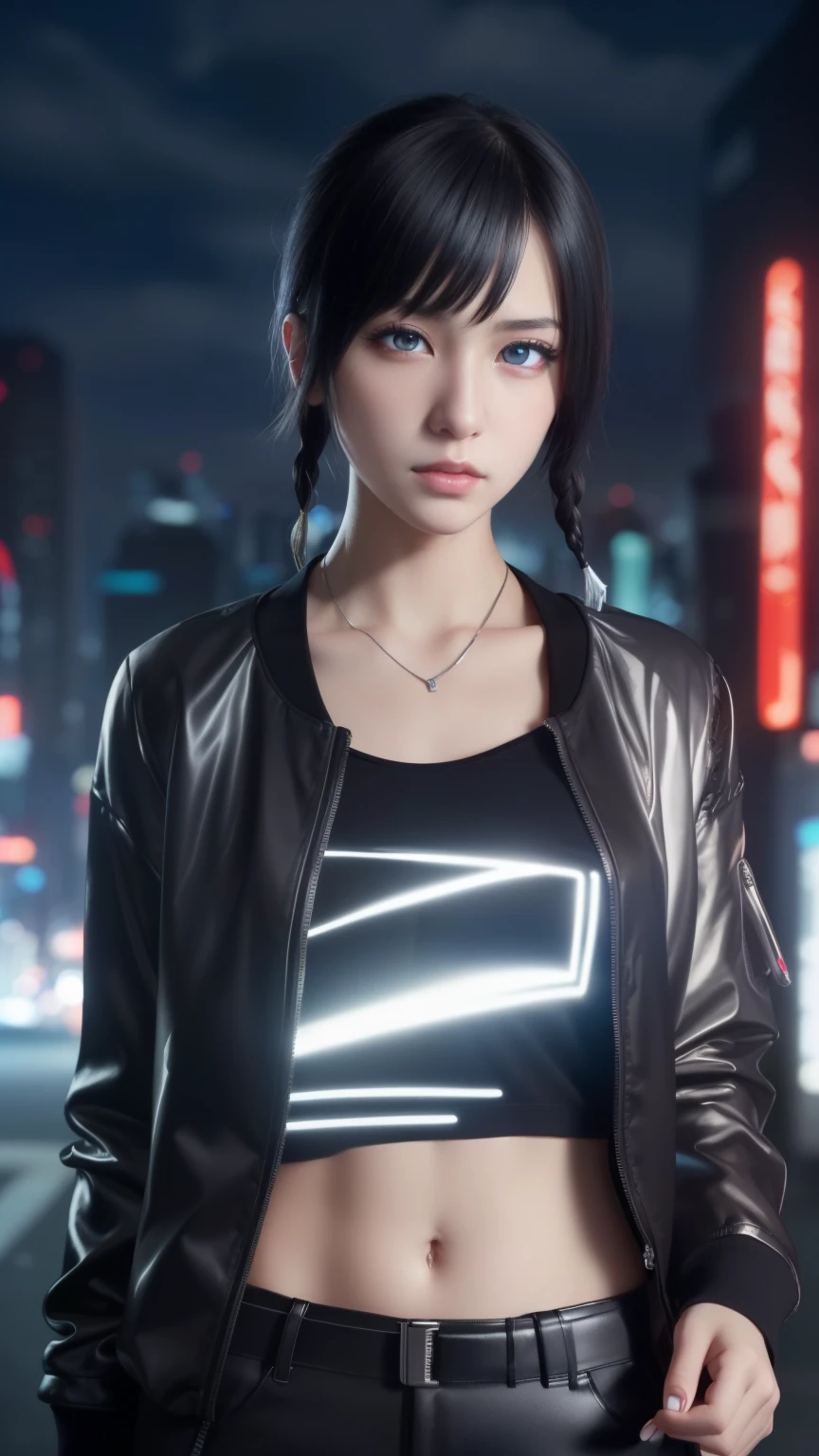 soifon, soifon, short hair, bangs, black hair, short hair with long locks, (black eyes:1.2), small breasts,(slender:1.2),Glare, ((Silver jacket, T-shirt, shorts, cyberpunk style, night city, neon lights:1.2), solo, 
dynamic pose, dynamic angles, looking at viewer,
 (masterpiece best quality, 8k:1.2), high resolution, unity 8k wallpaper, (beautiful detailed eyes:1.2), extremely detailed face, perfect lighting, extremely detailed CG, (perfect hands, perfect anatomy), Detailed eyes, symmetrical eyes,